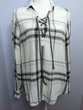 Mudd Boho Flannel Popover Top White Black Plaid Lace Up Front High Low Size XL